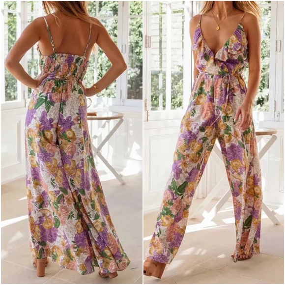Boho Floral Print Ruffle Wide leg Cami Jumpsuit - Picture 3 of 8